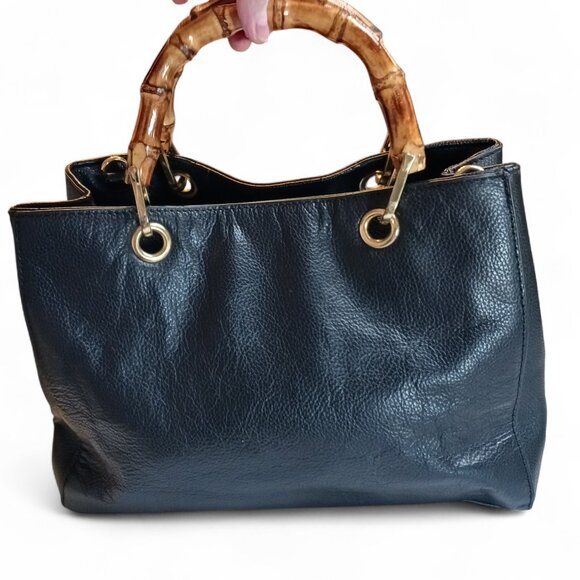 Emma Fox Black Pebbled Leather Handbag Bamboo Handles Removable Crossbody Strap - Picture 2 of 13